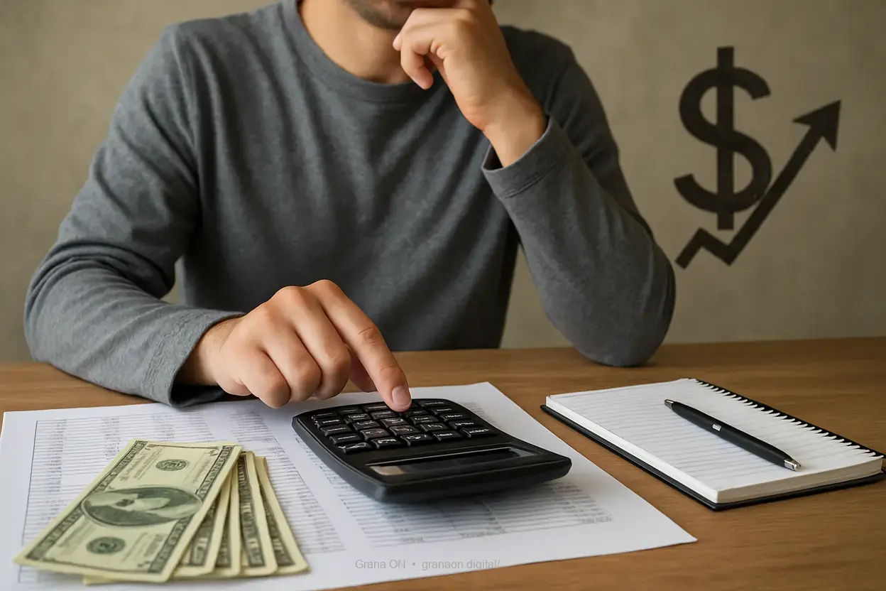 Pessoa organizando finanças com calculadora e contas.