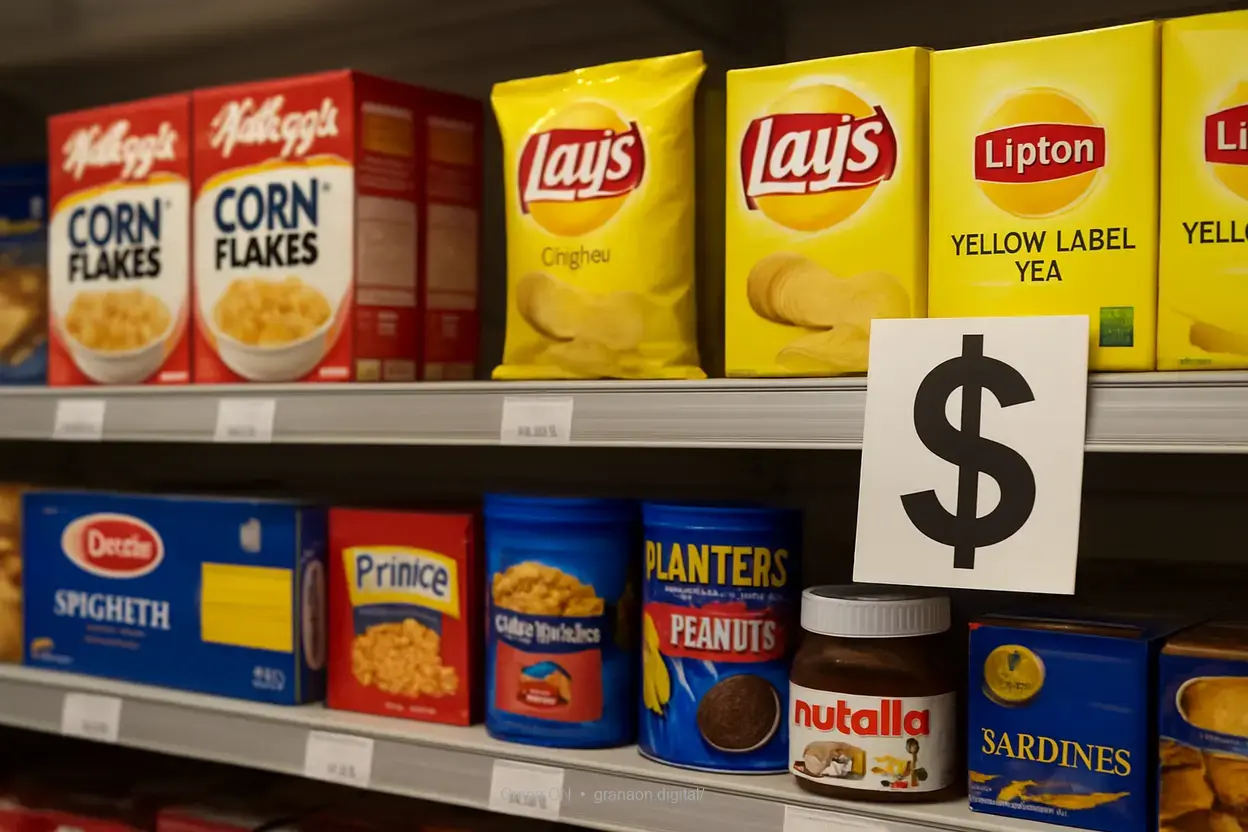 Produtos importados em uma prateleira de supermercado, refletindo a alta do dólar hoje.