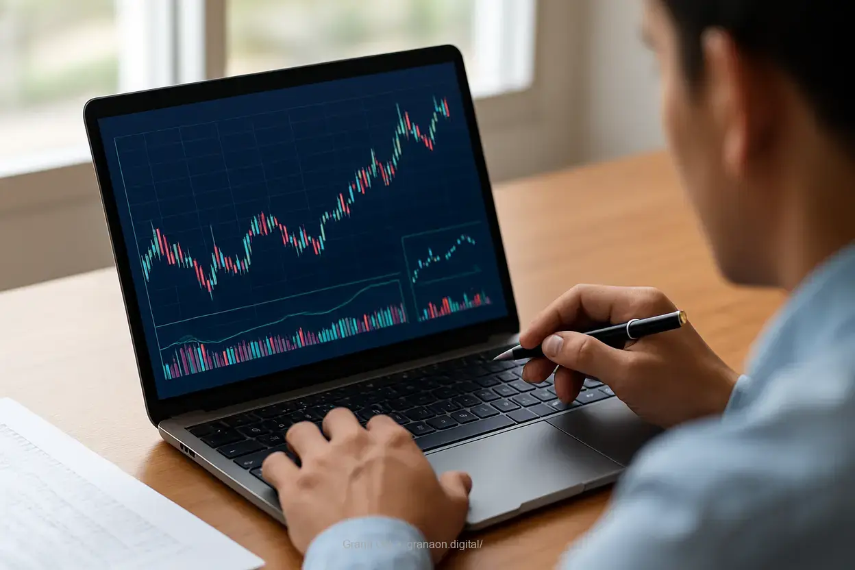 Uma pessoa analisando investimentos em um laptop durante a alta do dólar.