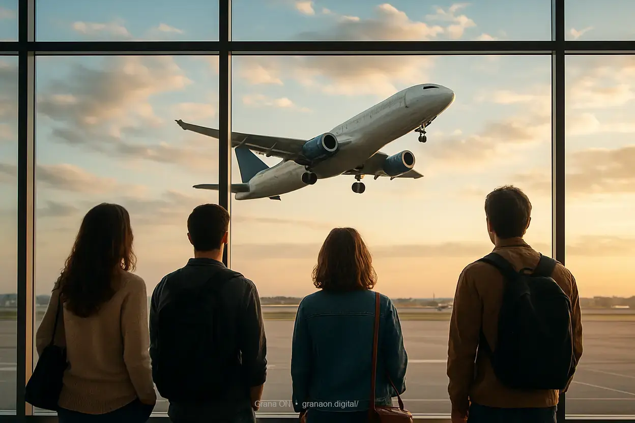 Passageiros observando decolagem de avião em aeroporto.