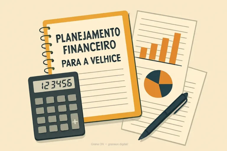 Planejamento financeiro para a velhice com calculadora e gráficos.